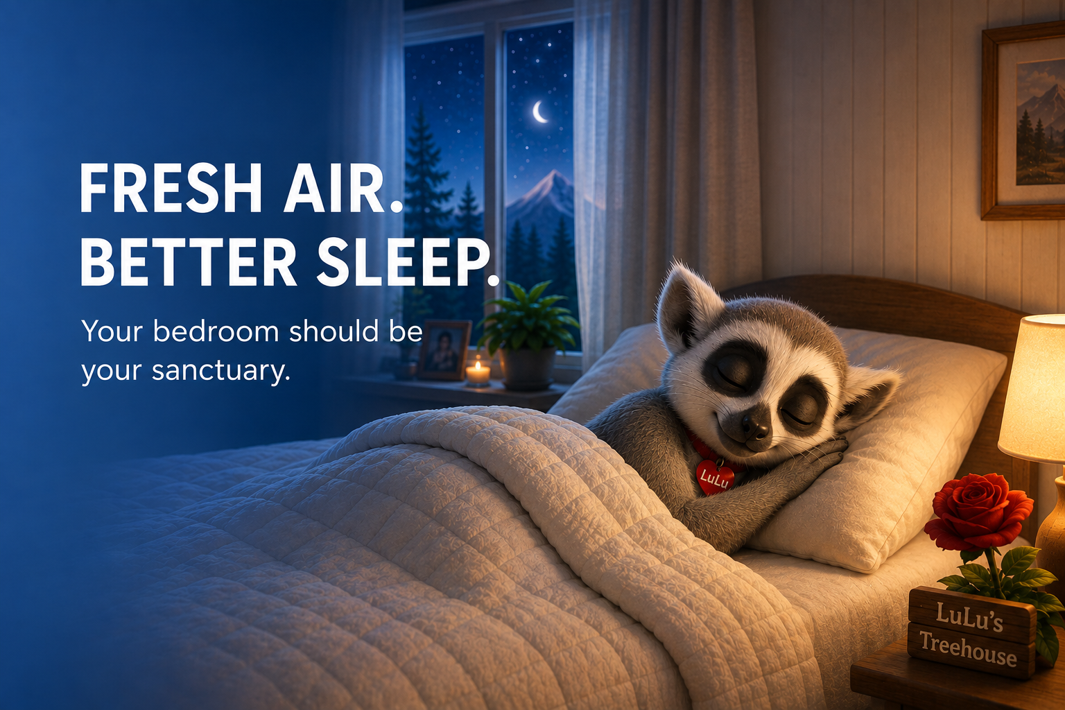 LuLu the lemur asleep under a quilt in a night-time bedroom, a crescent moon and pines in the window, beside the headline Fresh Air. Better Sleep.