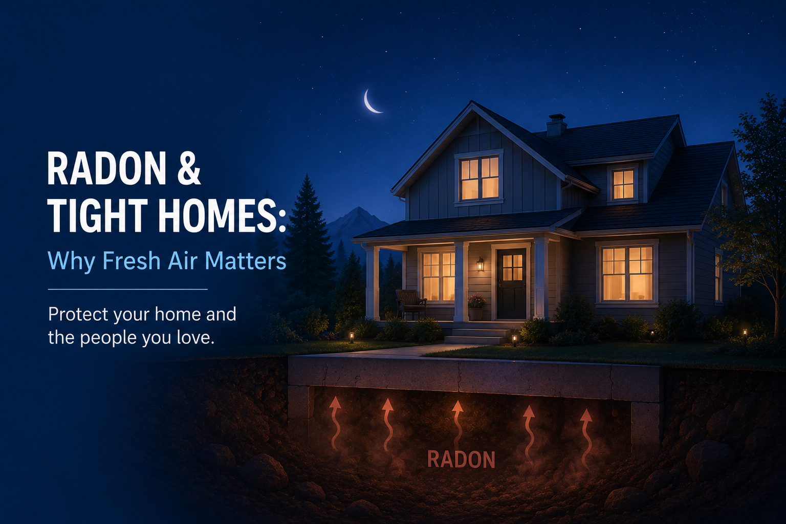 Night illustration of a tight home with lit windows and orange radon arrows rising out of the soil through the foundation slab, under the title Radon and Tight Homes: Why Fresh Air Matters